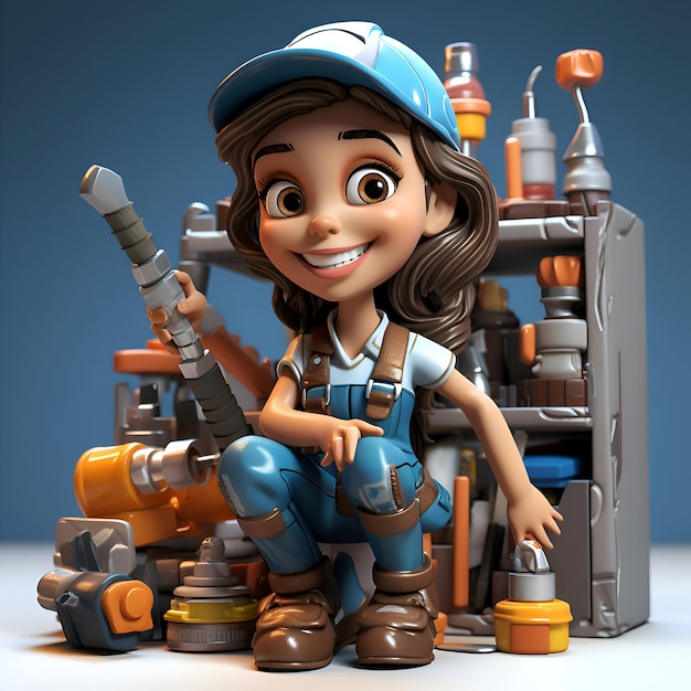 Ilustração 3D de uma garota mecânica de desenho animado com caixa de ferramentas sobre fundo azul