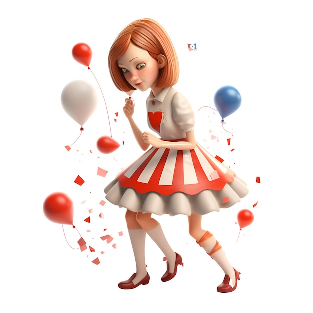 Ilustração 3D de uma garota ruiva com balões e confeti