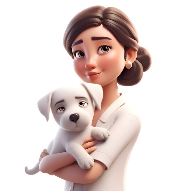 Ilustração 3D de uma jovem empresária segurando um cachorrinho isolado em fundo branco