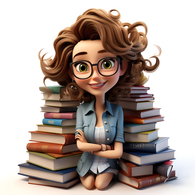 Ilustração 3D de uma jovem mulher de negócios com uma pilha de livros