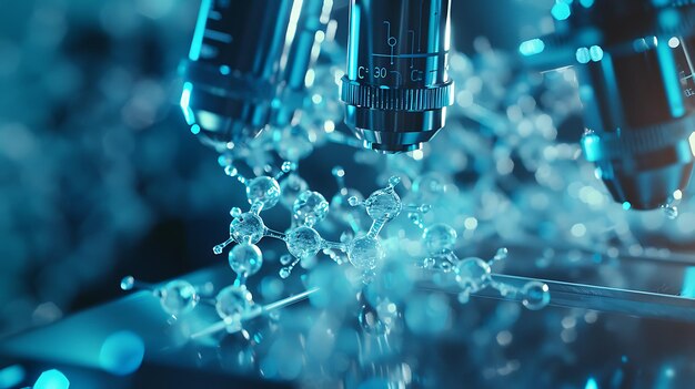 Foto ilustração 3d de uma lente de microscópio com um modelo de molécula em um diapositivo de vidro o microscópio está em foco e o modelo de moléculas é claro e afiado