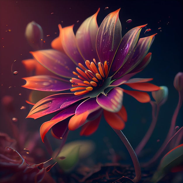 Ilustração 3D de uma linda flor em um fundo escuro com gotas de água
