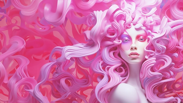 Ilustração 3D de uma linda garota com cabelo rosa e maquiagem criativa em cores pastel