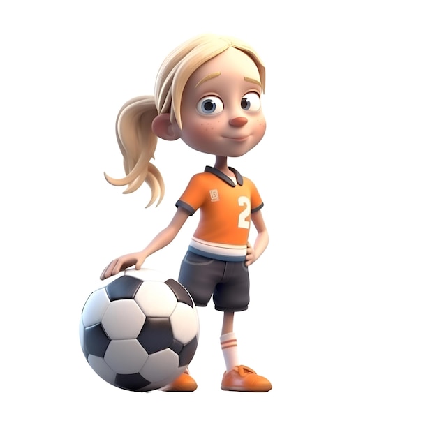Ilustração 3D de uma linda garota de desenho animado com uma bola de futebol