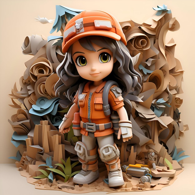 Ilustração 3D de uma linda garota de desenho animado em um canteiro de obras