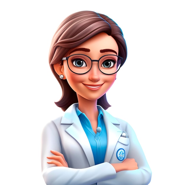 Ilustração 3D de uma linda médica. Cartoon fecha o retrato de uma médica sorridente em um azul