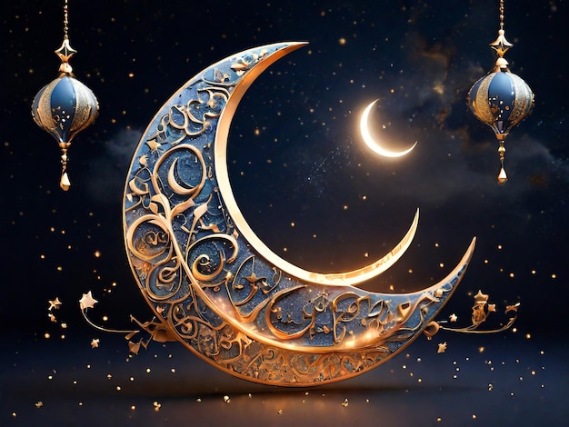 Ilustração 3D de uma lua crescente e estrelas adornadas com caligrafia islâmica