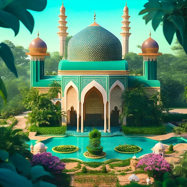 Ilustração 3D de uma majestosa mesquita islâmica com natureza verde ao fundo