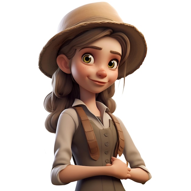 Foto ilustração 3d de uma menina bonita com chapéu de safari em fundo branco