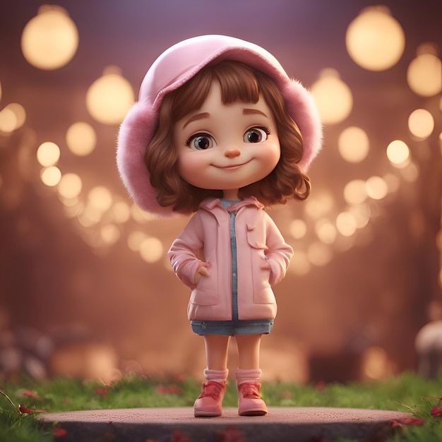 Ilustração 3D de uma menina bonita em uma jaqueta e chapéu rosa