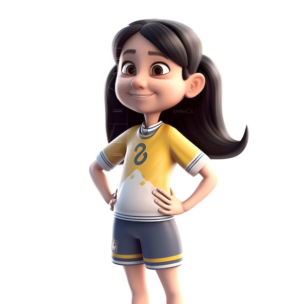 Ilustração 3D de uma menina com uma camisola de futebol em fundo branco