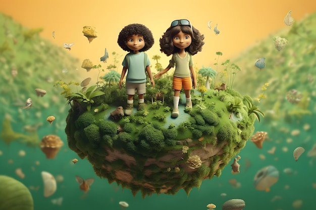 Ilustração 3D de uma menina e um menino em uma pequena ilha