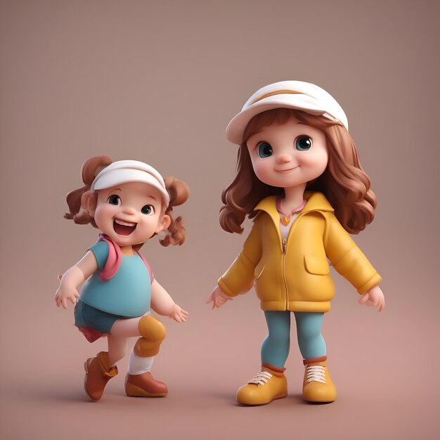 Ilustração 3D de uma menina e uma menina bonita