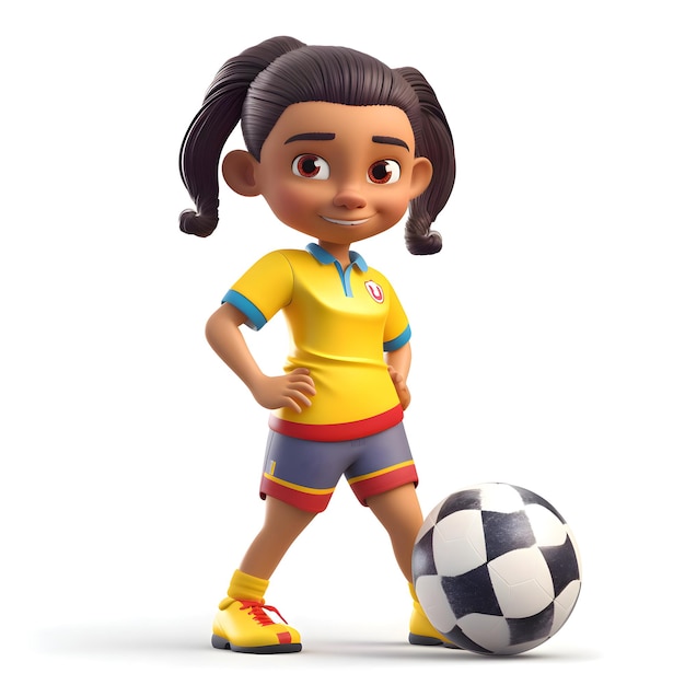 Ilustração 3D de uma menina jogadora de futebol com uma bola de futebol