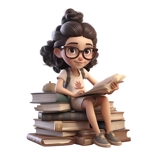 Foto ilustração 3d de uma menina lendo um livro isolado no fundo branco