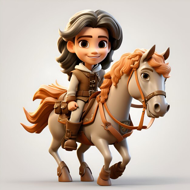 Ilustração 3D de uma menina montando um cavalo em um fundo branco