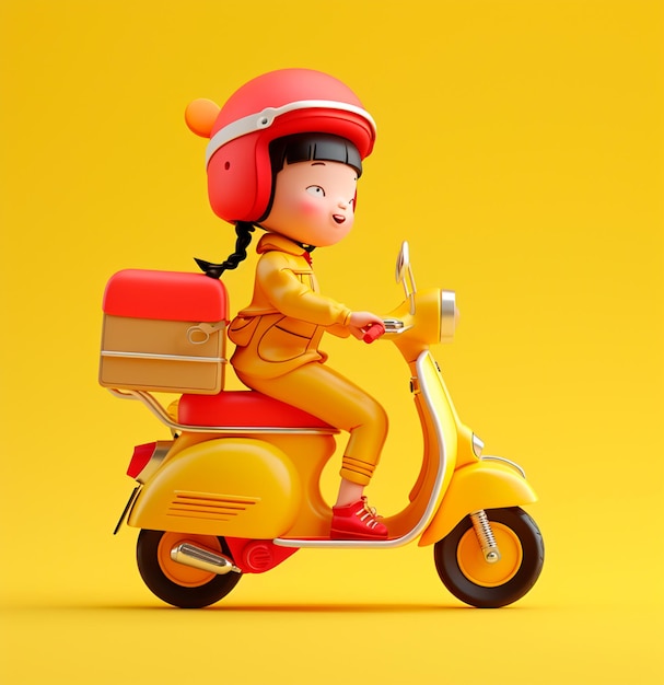 Ilustração 3D de uma menina montando uma scooter com uma caixa no cesto em 32k uhd estilo amarelo backgr