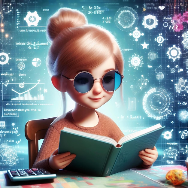 Ilustração 3D de uma menina sorridente com óculos de sol lendo um livro e resolvendo dados matemáticos