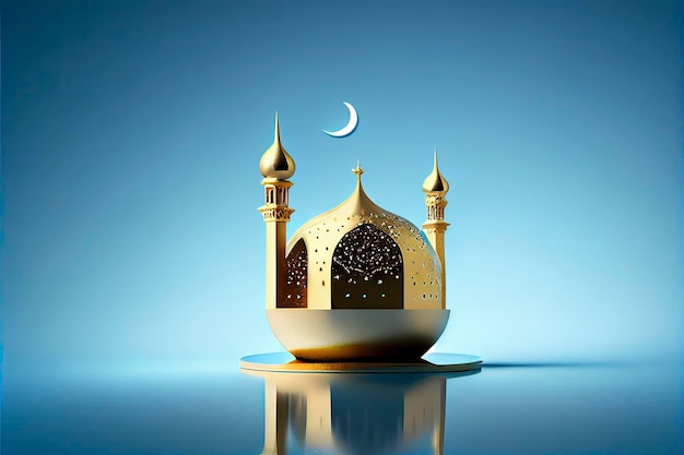 Ilustração 3D de uma mesquita com lua dourada e ornamento de estrelas