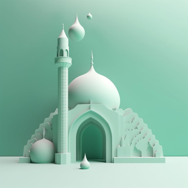 Ilustração 3D de uma mesquita com uma lua azul claro