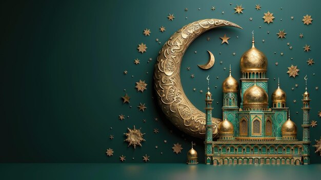 Ilustração 3D de uma mesquita de decoração islâmica com ornamento de lua e estrelas douradas para o Eid Mubarak