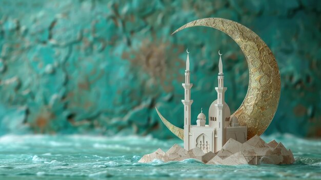 Ilustração 3D de uma mesquita de decoração islâmica com ornamento de lua e estrelas douradas para o Eid Mubarak