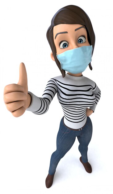 Ilustração 3D de uma mulher de desenho animado com uma máscara para prevenção de coronavírus