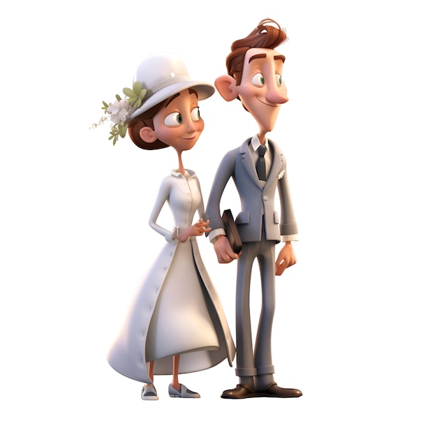 Foto ilustração 3d de uma noiva e um noivo em um fundo branco