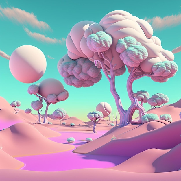 Ilustração 3D de uma paisagem de fantasia com montanhas, rio e nuvens Generative Ai