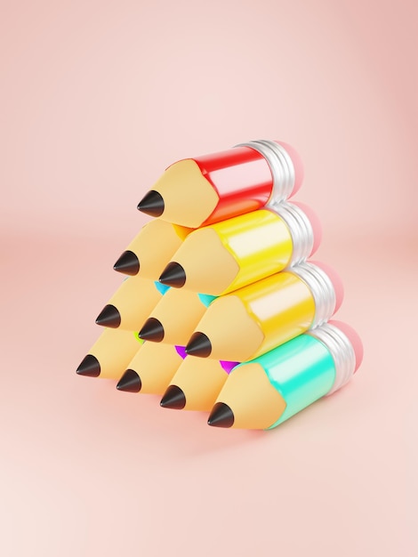 Foto ilustração 3d de uma pilha de lápis coloridos vibrantes isolados em fundo rosa