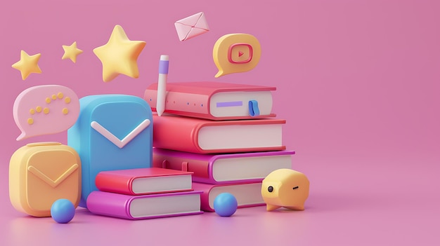 Ilustração 3D de uma pilha de livros com um fundo rosa