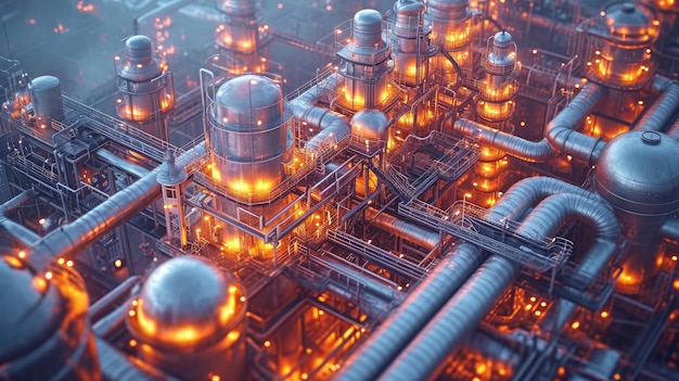 Ilustração 3D de uma planta industrial com muitas luzes