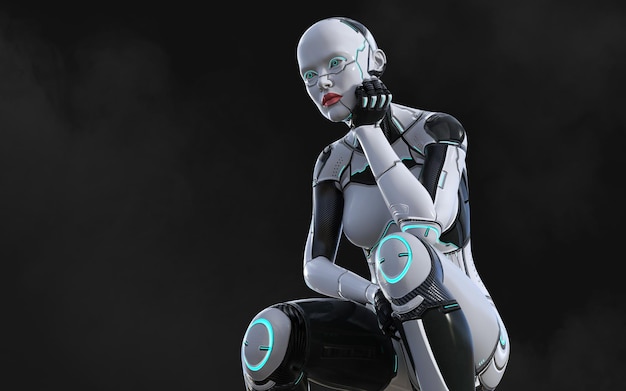 Ilustração 3D de uma pose de ciborgue de IA de mulher em fundo preto com projeto de IA de caminho de recorte