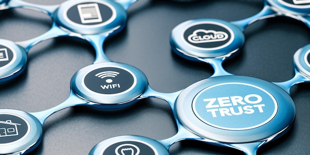 Ilustração 3D de uma rede azul com ícones e o texto "confiança zero" escrito na frente. Fundo preto. Conceito de rede segura.