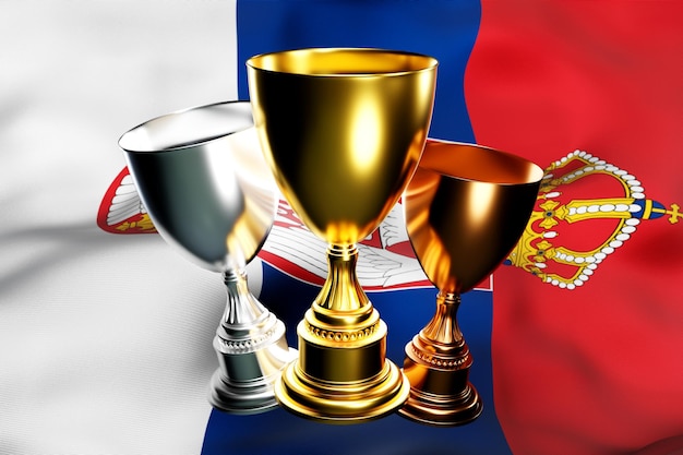ilustração 3D de uma taça de ouro prata e bronze vencedores no fundo da bandeira nacional da Sérvia visualização 3D de um prêmio por conquistas esportivas