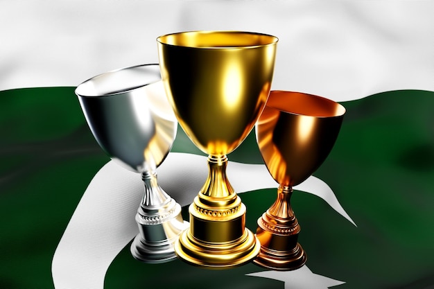 Foto ilustração 3d de uma taça de ouro prata e bronze vencedores no fundo da bandeira nacional do paquistão visualização 3d de um prêmio por conquistas esportivas
