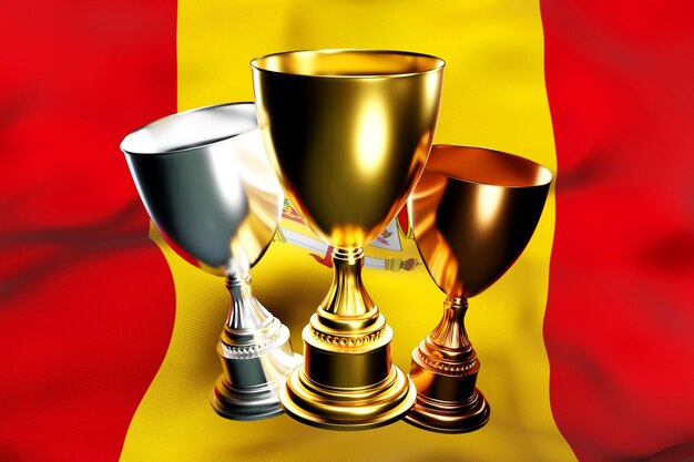 ilustração 3D de uma taça de vencedores no fundo da bandeira nacional da Espanha