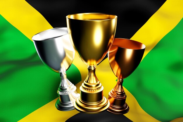 Ilustração 3d de uma taça de vencedores no fundo da bandeira nacional da jamaica