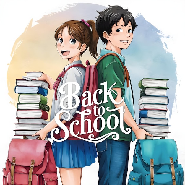 Ilustração 3D de uma vibrante cena de backschool com mochilas, caixas de almoço, lápis e livros