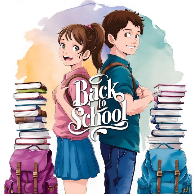 Ilustração 3D de uma vibrante cena de backschool com mochilas, caixas de almoço, lápis e livros