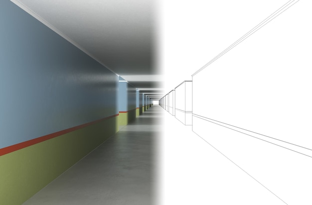 Foto ilustração 3d de visualização de interior de corredor longo