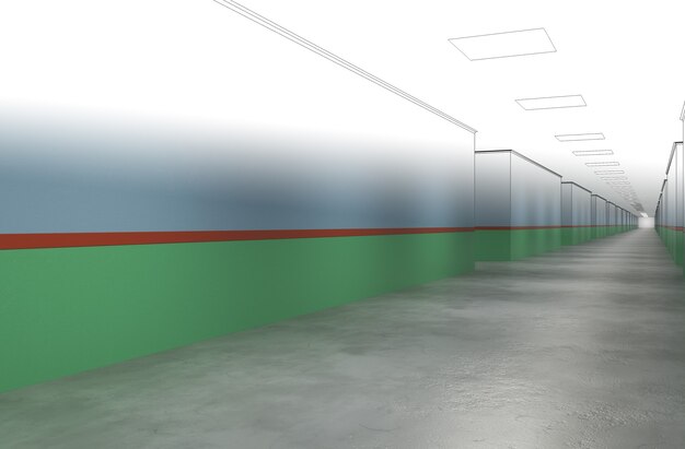 ilustração 3D de visualização de interior de corredor longo