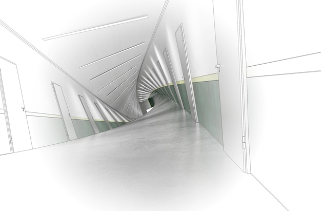 ilustração 3D de visualização de interior de corredor longo