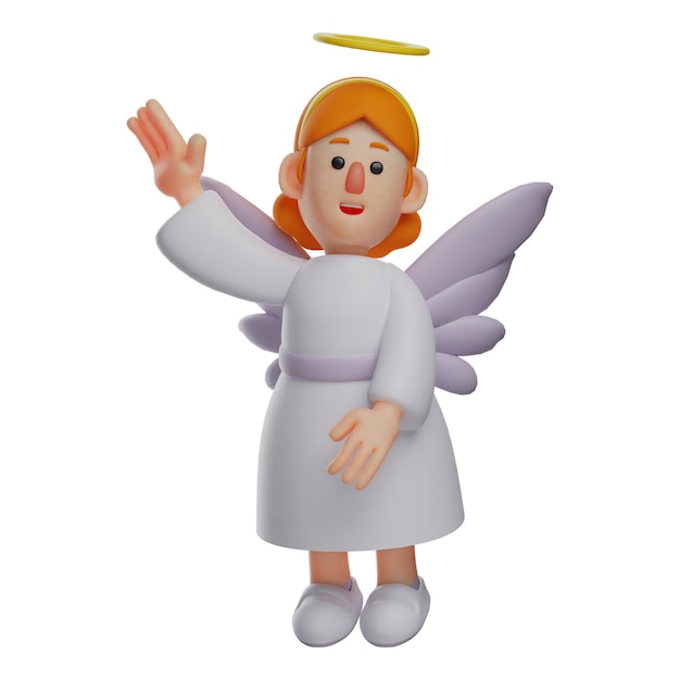 Ilustração 3D Desenho animado 3D, Anjo Bonito, usando um vestido branco, uma mão levantada com um lindo