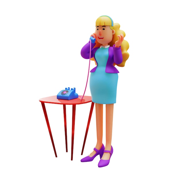 Ilustração 3D Desenho animado 3D Mulher de negócios 3D falando ao telefone em pé ao lado do telefone