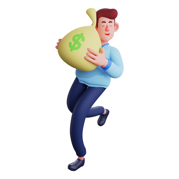Ilustração 3D Desenho de personagem 3D Worker segurando um saco de dinheiro andando com uma pose alegre