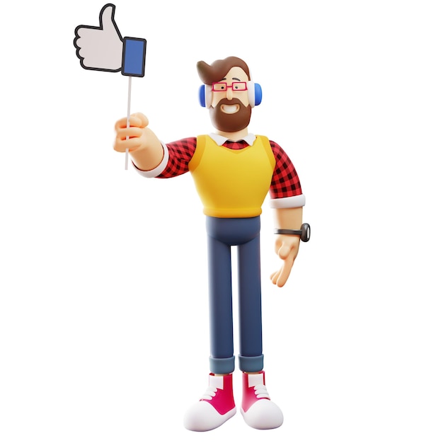 Ilustração 3D Design de personagem Cool Man 3D segurando Two Thumbs Up Sign em uma pose vertical