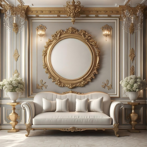 ilustração 3D design parede interior parede de moldura clássica Ouro