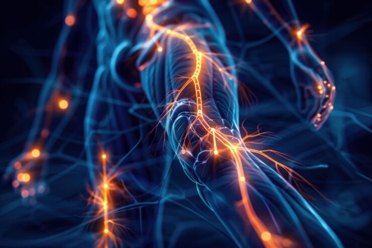 Foto ilustração 3d detalhada do sistema nervoso humano com linhas azuis e laranjas brilhantes atravessando-o