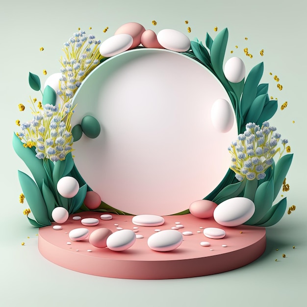 Ilustração 3D digital de um pódio com ovos, flores e enfeites de folhagem